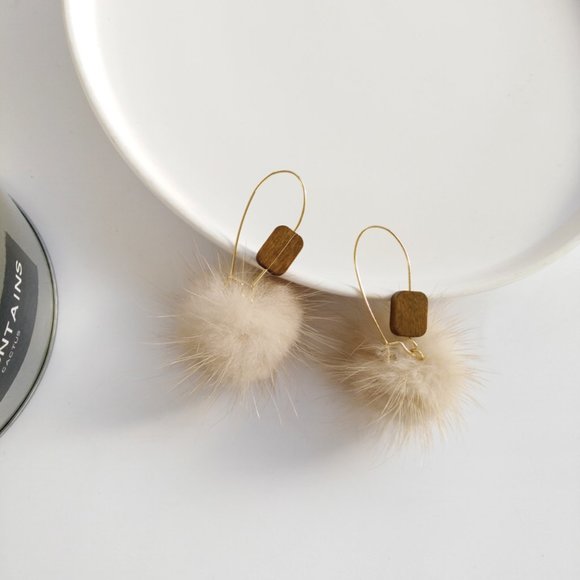 Furry Fur Ball Wood Hook Earrings - Picture 10 of 13